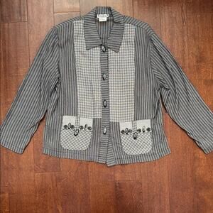 Vintage 90s Quirky Shacket Top by Saint Germain Blue & White Patterned, Size Med